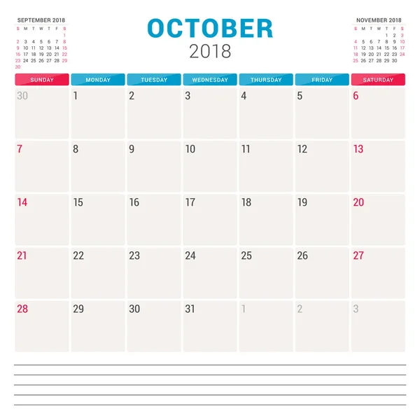 Жовтень 2018. Планувальник календаря векторний шаблон дизайну. Тиждень починається у неділю. Дизайн канцелярського приладдя — стоковий вектор