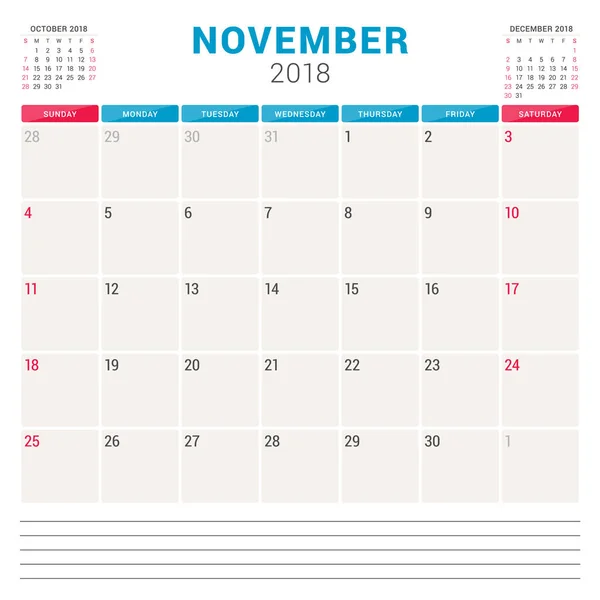 Listopada 2018 r. Kalendarz terminarz wektor szablon projektu. Tydzień rozpoczyna się w niedzielę. Projektowanie papeterii — Wektor stockowy