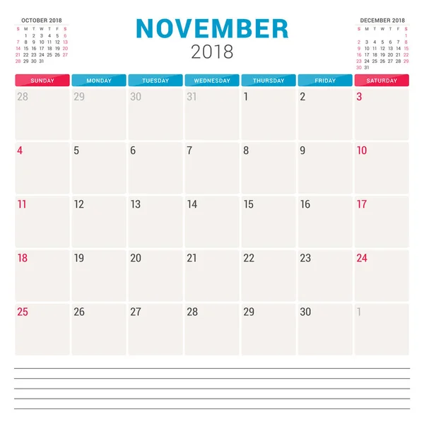 Novembre 2018. Calendrier planificateur vectoriel modèle de conception. La semaine commence dimanche. Conception de papeterie — Image vectorielle