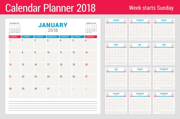 Planificador de calendario para 2018 año. Conjunto de 12 meses. Plantilla de diseño vectorial. La semana comienza el domingo. Diseño de papelería — Archivo Imágenes Vectoriales