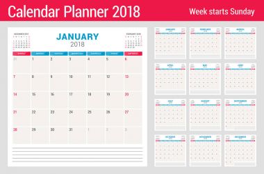 2018 yıl için takvim planlayıcısı. 12 ay kümesi. Vektör tasarım şablonu. Hafta Pazar günü başlar. İleti örneği tasarım