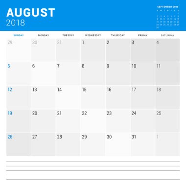Ağustos 2018. Takvim planlayıcısı vektör tasarım yazdırma şablonu. Hafta Pazar günü başlar. İleti örneği tasarım