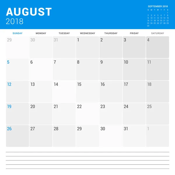 Augusti 2018. Kalender planner vektor design utskriftsmall. Veckan börjar på söndag. Pappersvaror design — Stock vektor