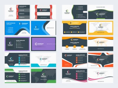 Çift taraflı kartvizit şablonları. İleti örneği tasarım vektör kümesi. Vektör çizim