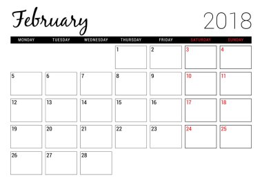 Şubat 2018. Yazdırılabilir takvim planlayıcısı tasarım şablonu. Hafta Pazartesi günü başlar. İleti örneği tasarım