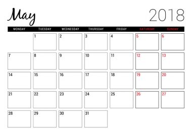Mayıs 2018. Yazdırılabilir takvim planlayıcısı tasarım şablonu. Hafta Pazartesi günü başlar. İleti örneği tasarım