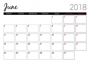 Haziran 2018. Yazdırılabilir takvim planlayıcısı tasarım şablonu. Hafta Pazartesi günü başlar. İleti örneği tasarım