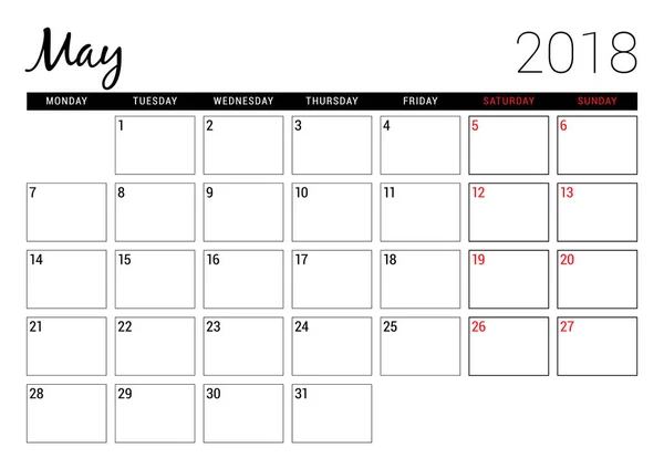Май 2018 года. Шаблон дизайна планировщика календаря для печати. Неделя начинается в понедельник. Канцелярский дизайн — стоковый вектор