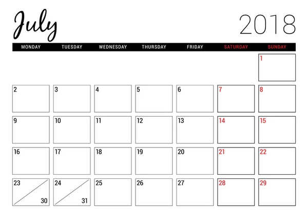 Juillet 2018. Modèle de conception de planificateur de calendrier imprimable. La semaine commence lundi. Conception de papeterie — Image vectorielle