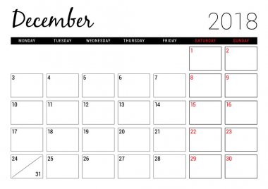 Aralık 2018. Yazdırılabilir takvim planlayıcısı tasarım şablonu. Hafta Pazartesi günü başlar. İleti örneği tasarım
