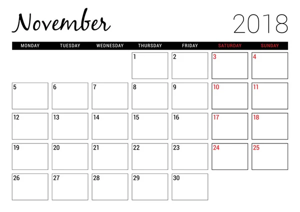 Novembro de 2018. Modelo de design de planejador de calendário imprimível. A semana começa na segunda. Desenho de papelaria —  Vetores de Stock