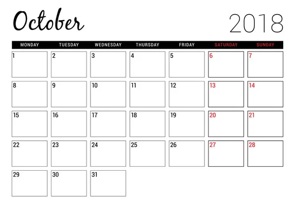 Octobre 2018. Modèle de conception de planificateur de calendrier imprimable. La semaine commence lundi. Conception de papeterie — Image vectorielle