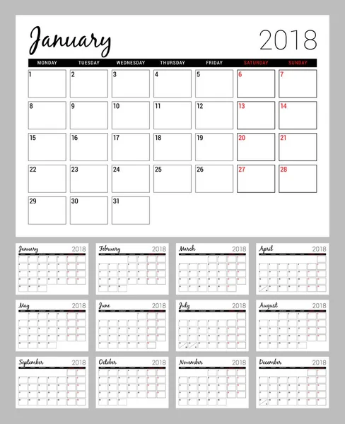 Druckfähiger Kalender für das Jahr 2018. Planer-Design-Vorlage. Die Woche beginnt am Montag. Schreibwarendesign — Stockvektor