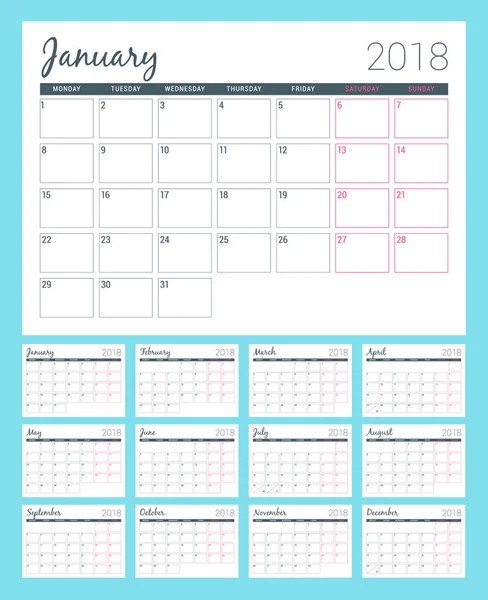 Calendario imprimible para 2018 año. Plantilla de diseño de planificador. La semana comienza el lunes. Diseño de papelería — Archivo Imágenes Vectoriales