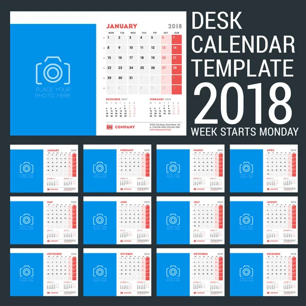 Πρότυπο σχεδίασης γραφείο ημερολόγιο για το έτος 2018. Θέση για φωτογραφία. Εβδομάδα ξεκινά τη Δευτέρα. Εικονογράφηση διάνυσμα — Διανυσματικό Αρχείο