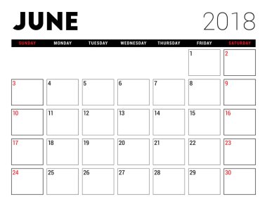 Haziran 2018 için yazdırılabilir takvim. Planlayıcısı tasarım şablonu. Hafta Pazar günü başlar. İleti örneği tasarım