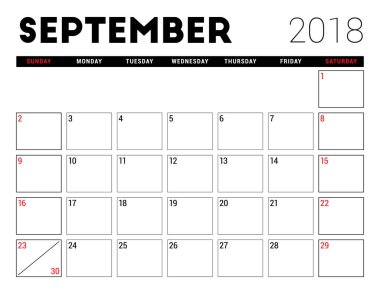 Yazdırılabilir takvim Eylül 2018 için. Planlayıcısı tasarım şablonu. Hafta Pazar günü başlar. İleti örneği tasarım