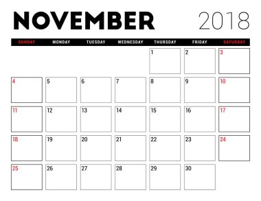 Kasım 2018 için yazdırılabilir takvim. Planlayıcısı tasarım şablonu. Hafta Pazar günü başlar. İleti örneği tasarım