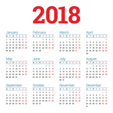 Beyaz arka plan üzerinde 2018 yıl için takvim. Hafta başlıyor Pazartesi. 3 satır 4 sütun. Basit vektör şablonu. İleti örneği tasarım şablonu