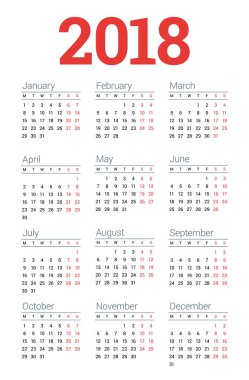 Beyaz arka plan üzerinde 2018 yıl için takvim. Hafta başlıyor Pazartesi. 3 sütun, 4 satır. Basit vektör şablonu. İleti örneği tasarım şablonu