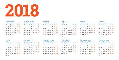 Beyaz arka plan üzerinde 2018 yıl için takvim. Hafta başlıyor Pazartesi. 6 sütunlar, 2 satır. Basit vektör şablonu. İleti örneği tasarım şablonu