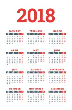 Beyaz arka plan üzerinde 2018 yıl için takvim. Hafta başlıyor Pazartesi. 3 sütun, 4 satır. Basit vektör şablonu. İleti örneği tasarım şablonu