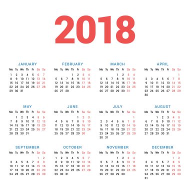 Beyaz arka plan üzerinde 2018 yıl için takvim. Hafta başlıyor Pazartesi. 3 satır 4 sütun. Basit vektör şablonu. İleti örneği tasarım şablonu