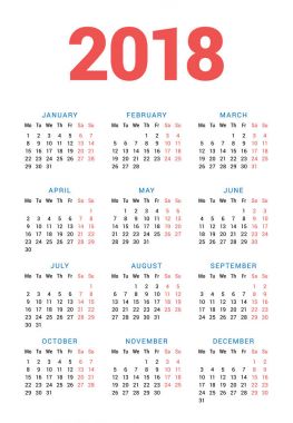 Beyaz arka plan üzerinde 2018 yıl için takvim. Hafta başlıyor Pazartesi. 3 sütun, 4 satır. Basit vektör şablonu. İleti örneği tasarım şablonu