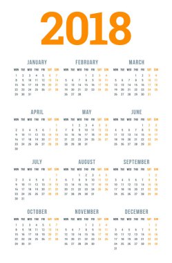 Beyaz arka plan üzerinde 2018 yıl için takvim. Hafta başlıyor Pazartesi. 3 sütun, 4 satır. Basit vektör şablonu. İleti örneği tasarım şablonu