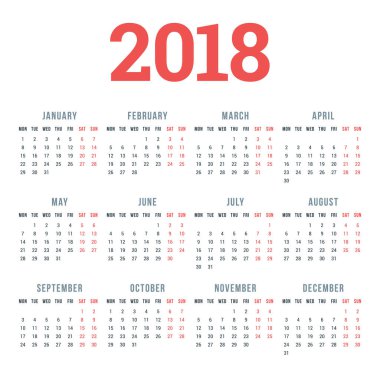 Beyaz arka plan üzerinde 2018 yıl için takvim. Hafta başlıyor Pazartesi. 3 satır 4 sütun. Basit vektör şablonu. İleti örneği tasarım şablonu