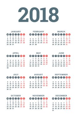 Beyaz arka plan üzerinde 2018 yıl için takvim. Hafta başlıyor Pazartesi. 3 sütun, 4 satır. Basit vektör şablonu. İleti örneği tasarım şablonu