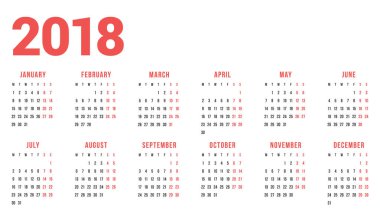 Beyaz arka plan üzerinde 2018 yıl için takvim. Hafta başlıyor Pazartesi. 6 sütunlar, 2 satır. Basit vektör şablonu. İleti örneği tasarım şablonu