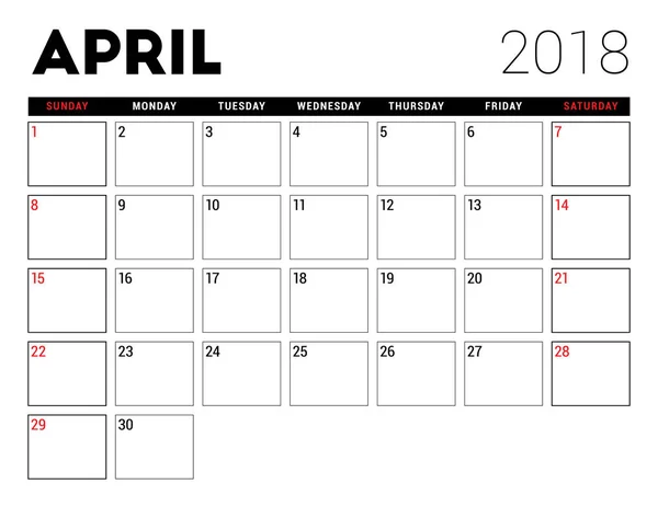 Calendario imprimible para abril de 2018. Plantilla de diseño de planificador. La semana comienza el domingo. Diseño de papelería — Archivo Imágenes Vectoriales