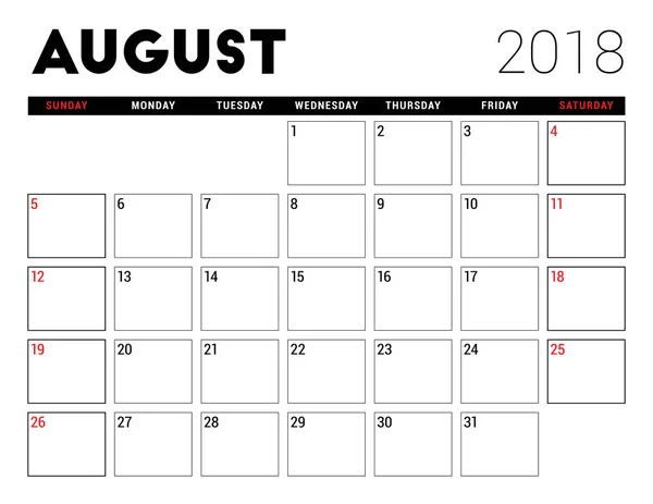 Printable kalender för augusti 2018. Planner formgivningsmall. Veckan börjar på söndag. Pappersvaror design — Stock vektor