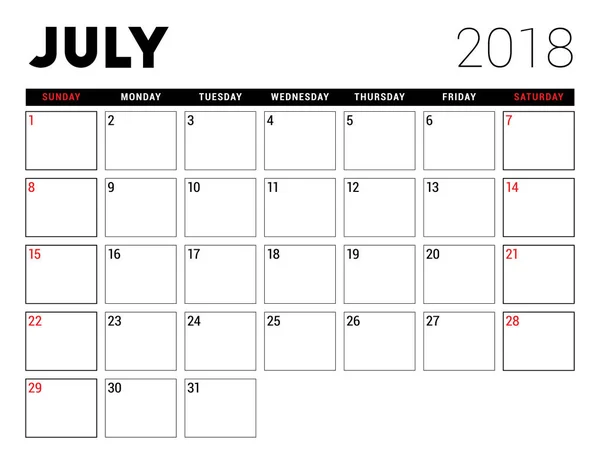 Calendario imprimible para julio de 2018. Plantilla de diseño de planificador. La semana comienza el domingo. Diseño de papelería — Archivo Imágenes Vectoriales