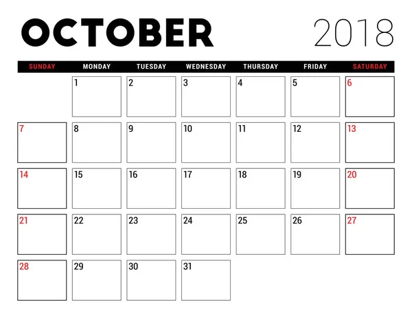 Calendário de impressão para outubro de 2018. Modelo de design do planejador. A semana começa no domingo. Desenho de papelaria —  Vetores de Stock