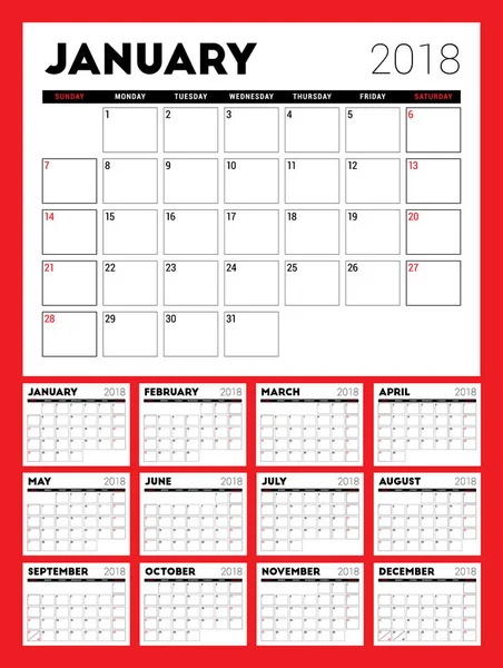 Calendario imprimible para 2018. Plantilla de diseño de planificador. La semana comienza el domingo. Diseño de papelería — Archivo Imágenes Vectoriales