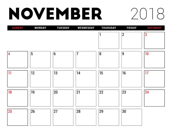 Calendario stampabile per novembre 2018. Modello di progettazione del progettista. La settimana inizia domenica. Progettazione di articoli di cancelleria — Vettoriale Stock