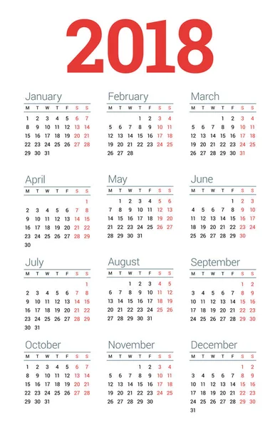 Календарь на 2018 год на белом фоне. Начинается в понедельник. 3 колонки, 4 ряда. Простой векторный шаблон. Шаблон дизайна канцтоваров — стоковый вектор