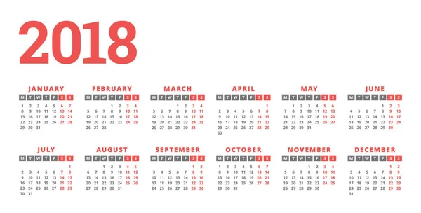 Kalendarz na rok 2018 na białym tle. Tydzień zaczyna się od poniedziałku. kolumny 6, 2 rzędy. Wektor prostego szablonu. Papeterie szablon projektu — Wektor stockowy