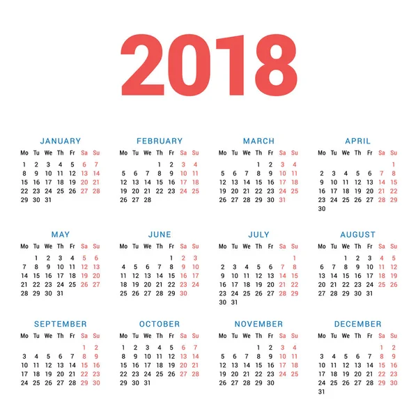 Calendario 2018 Anno su sfondo bianco. La settimana inizia lunedì. 4 colonne, 3 righe. Modello vettoriale semplice. Modello di progettazione di articoli di cancelleria — Vettoriale Stock