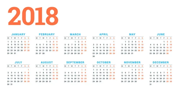 Календарь на 2018 год на белом фоне. Начинается в понедельник. 6 колонок, 2 ряда. Простой векторный шаблон. Шаблон дизайна канцтоваров — стоковый вектор