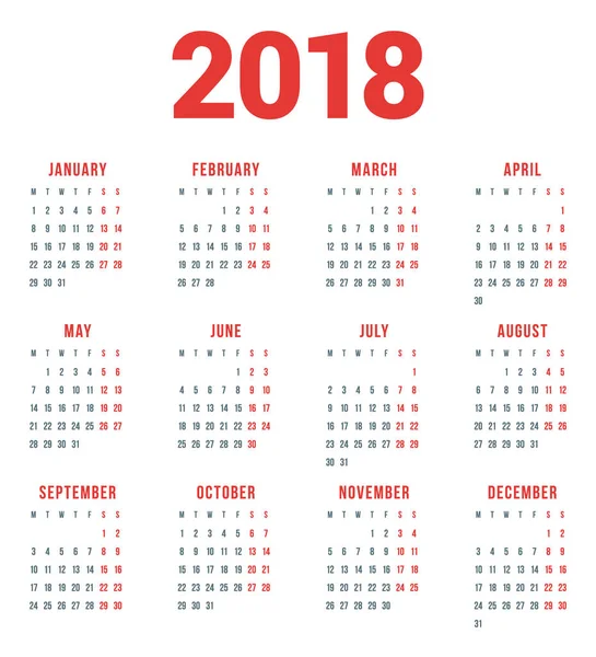 Calendario 2018 Anno su sfondo bianco. La settimana inizia lunedì. 4 colonne, 3 righe. Modello vettoriale semplice. Modello di progettazione di articoli di cancelleria — Vettoriale Stock