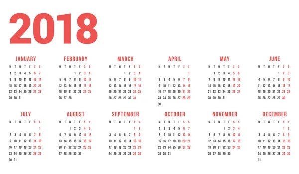 白い背景の上の 2018 年のカレンダーです。月曜始まり。6 列、2 行。単純なベクトル テンプレート。文房具のデザイン テンプレート — ストックベクタ