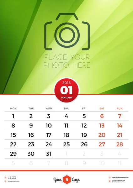 Wall Calendar Template for 2018 Year. January. Vector Design Template with Abstract Background. Place for Photo. Week starts on Monday. Portrait Orientation — Stock Vector