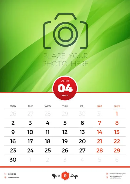 2018 年の壁のカレンダー テンプレートです。4 月。抽象的な背景のベクトル デザイン テンプレートです。写真のための場所。週は月曜日に始まります。縦向き — ストックベクタ