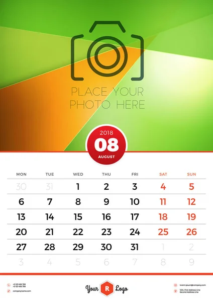 Wall Calendar Template for 2018 Year. August. Vector Design Template with Abstract Background. Place for Photo. Week starts on Monday. Portrait Orientation — Stock Vector