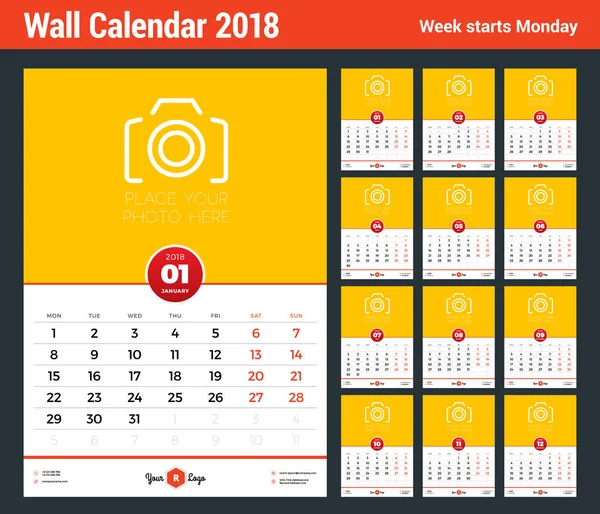 Plantilla de calendario de pared para 2018 Año. Plantilla de diseño vectorial con lugar para la foto. La semana comienza el lunes. Orientación al retrato — Vector de stock