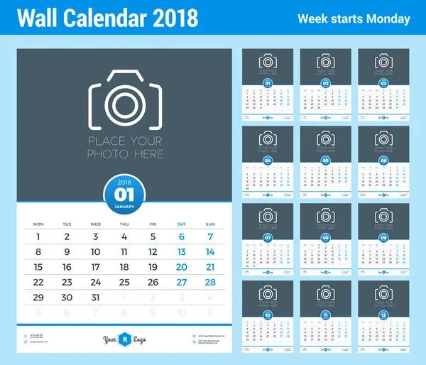 Πρότυπο ημερολόγιο τοίχου για το έτος 2018. Διάνυσμα πρότυπο σχεδίασης με θέση για φωτογραφία. Εβδομάδα ξεκινά τη Δευτέρα. Κατακόρυφο προσανατολισμό — Διανυσματικό Αρχείο
