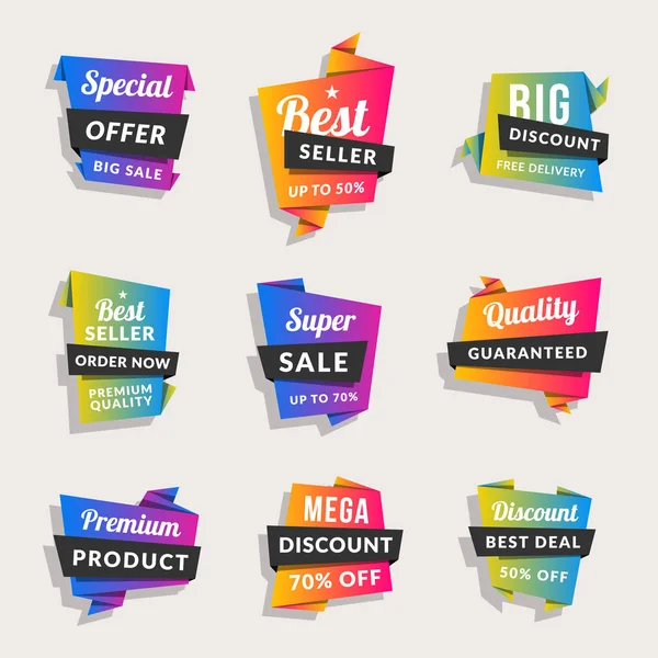 Conjunto de banners de venta. Etiquetas de compras. Descuento y etiquetas engomadas en origami de colores promocionales. Ilustración vectorial . — Vector de stock